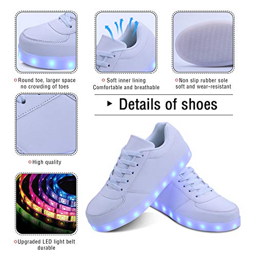 kealux Unisex Adulto Zapatos LED Zapatos con iluminación de tacón bajo Zapatillas Blancas con Luces LED Intermitentes Zapatos Transpirables con Carga USB Blanco- 45