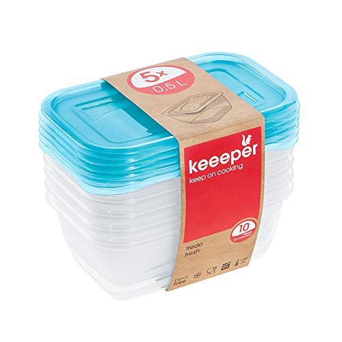 keeeper Set de 5 Fiambreras, 5 x 500 ml, 15,5 x 10,5 x 6 cm, Fredo Fresh, Azul transparente