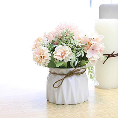 Keleily Flores Artificiales Hortensias con Ceramica Jarrón Flores Artificiales Decoracion con Macetas Pequeñas Ceramica para Boda, Oficina, Mesa, Ventana, Sala de Estar, Dormitorio, Fiesta, Rosado