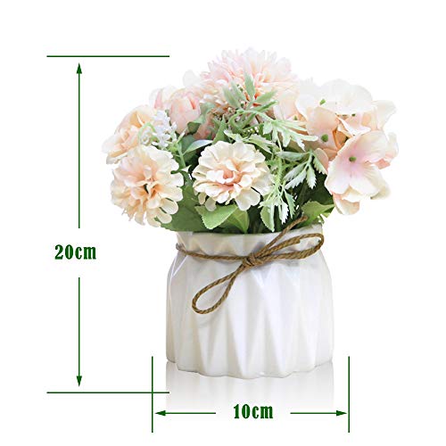 Keleily Flores Artificiales Hortensias con Ceramica Jarrón Flores Artificiales Decoracion con Macetas Pequeñas Ceramica para Boda, Oficina, Mesa, Ventana, Sala de Estar, Dormitorio, Fiesta, Rosado