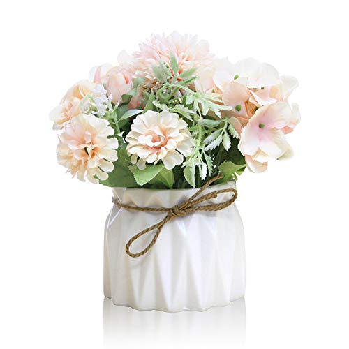 Keleily Flores Artificiales Hortensias con Ceramica Jarrón Flores Artificiales Decoracion con Macetas Pequeñas Ceramica para Boda, Oficina, Mesa, Ventana, Sala de Estar, Dormitorio, Fiesta, Rosado