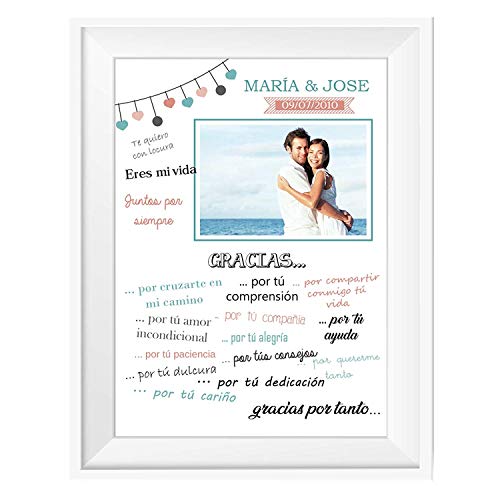 Kembilove Lamina Personalizada con Marco para Pareja - Regalo Original Eres mi Vida para San Valentin, Enamorados para Novios y Novias - Lamina con Nombre y Datos para Parejas Medida 20 x 25 cm