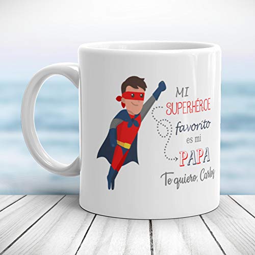 Kembilove Taza de Café Padre Personalizada – Taza de Desayuno Mi Superhéroe Favorito Personalizado – Tazas de Café y Té para Papas – Taza de Cerámica Impresa – Regalo Original Taza de 350 ml