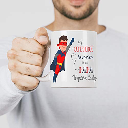 Kembilove Taza de Café Padre Personalizada – Taza de Desayuno Mi Superhéroe Favorito Personalizado – Tazas de Café y Té para Papas – Taza de Cerámica Impresa – Regalo Original Taza de 350 ml