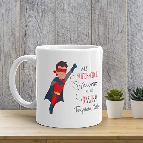 Kembilove Taza de Café Padre Personalizada – Taza de Desayuno Mi Superhéroe Favorito Personalizado – Tazas de Café y Té para Papas – Taza de Cerámica Impresa – Regalo Original Taza de 350 ml