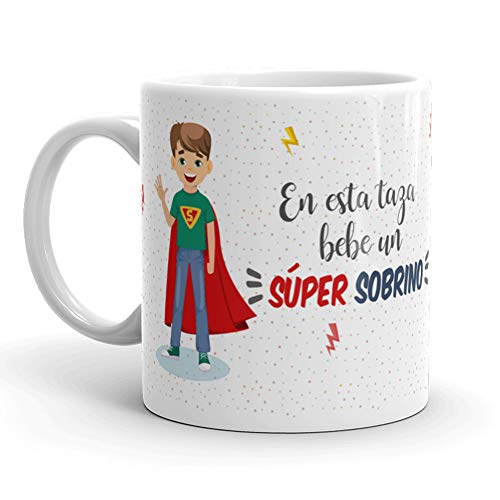 Kembilove Taza de Café para Sobrino – Aquí Bebe un Super Sobrino – Taza de Desayuno para Familia – Regalo Original para Familiares, Navidad, Aniversarios – Taza de Cerámica de 350 ml