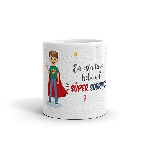 Kembilove Taza de Café para Sobrino – Aquí Bebe un Super Sobrino – Taza de Desayuno para Familia – Regalo Original para Familiares, Navidad, Aniversarios – Taza de Cerámica de 350 ml