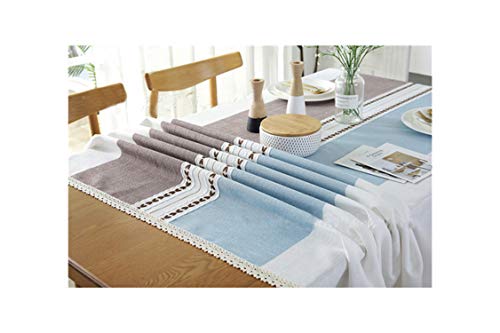 KenFandy Gruesa teñida Hilado de Lino Azul de la Tela Gris de Gaza Borla Mantel Hotel de Navidad Decoración de Tela para Coffee Bar Tabla, Azul con el cordón, 140X220Cm