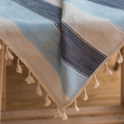 KenFandy Gruesa teñida Hilado de Lino Azul de la Tela Gris de Gaza Borla Mantel Hotel de Navidad Decoración de Tela para Coffee Bar Tabla, Azul con el cordón, 140X220Cm
