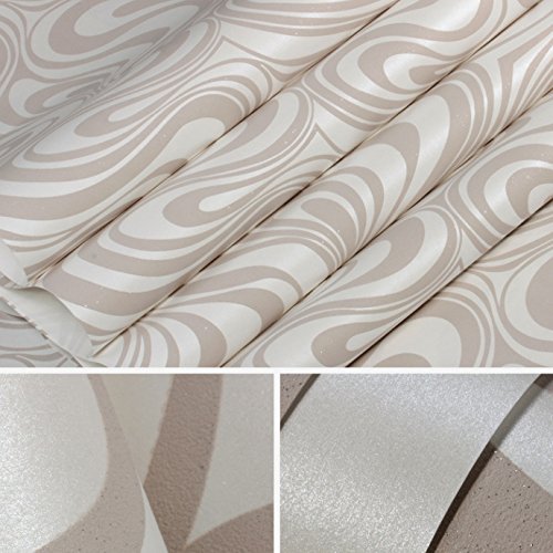 KeTian Modern Luxury 3D Curva de papel tapiz abstracto No tejido Flocado para sala de estar/Papel pintado para dormitorio Rollo 2.29 'W x 27.56' L =63.11 pies cuadrados (Crema y plata y gris)