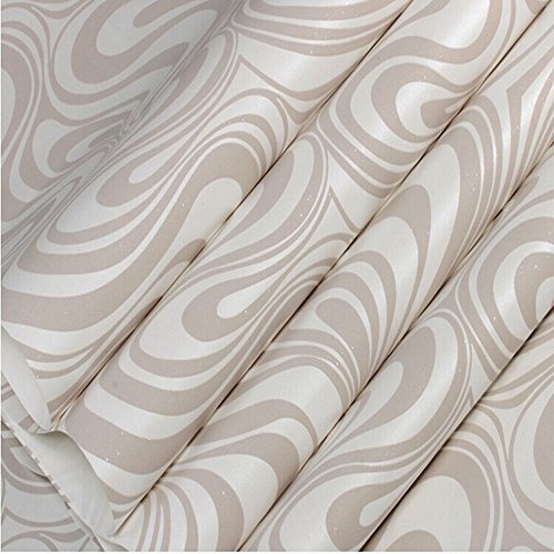 KeTian Modern Luxury 3D Curva de papel tapiz abstracto No tejido Flocado para sala de estar/Papel pintado para dormitorio Rollo 2.29 'W x 27.56' L =63.11 pies cuadrados (Crema y plata y gris)