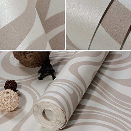 KeTian Modern Luxury 3D Curva de papel tapiz abstracto No tejido Flocado para sala de estar/Papel pintado para dormitorio Rollo 2.29 'W x 27.56' L =63.11 pies cuadrados (Crema y plata y gris)