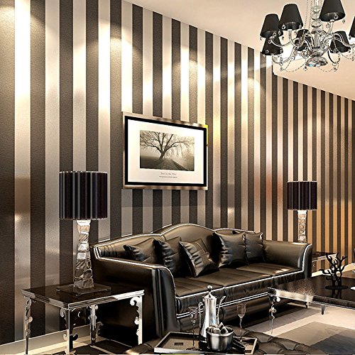 Ketian Papel pintado de rayas verticales moderno minimalista de PVC para dormitorio o sala de estar sin tejer Black Gray 0.53m x 10m=5.3m2