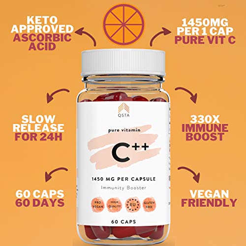 Keto Vitamina C ++ 1450mg (60 DIAS) - Vitamina C Pura Sin Azucar en Capsulas - Aumenta Sistema Inmune, Controla colesterol, Antioxidante, Reduce Cansancio, Vegano - Sin Soja, Sin Gluten +MEDICOS