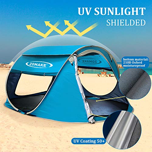 KEUMER Plegable Tienda de Playa para 3-4 Personas, Portatil Pop Up Tienda de Playa para Bebé Protección Solar Anti UV 50+(Azul Claro)	L