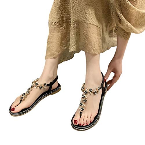 KEXIAODE - Sandalias planas para mujer, estilo bohemio con brillantes, de piel sintética, cómodas, para la playa, vacaciones, Negro (Negro ), 38 EU