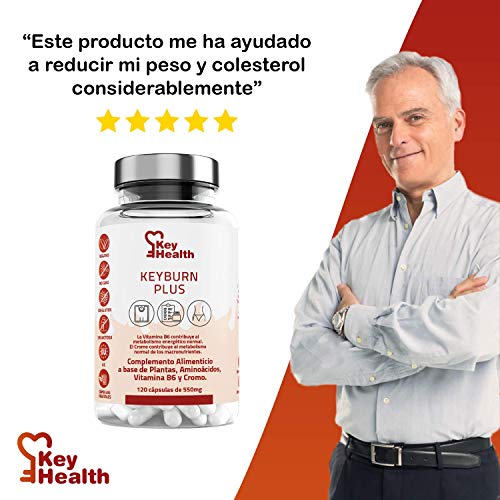 Key Health | Quemagrasas Potente KeyBurn | Complemento Alimenticio Termogénico para Adelgazar con L-Carnitina Guaraná Cafeína Te verde Vitamina B6 | 120 cápsulas | 2 Cápsulas al Día | Fat Burner