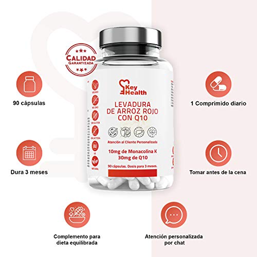 KeyHealth | Levadura de Arroz Rojo con Coencima Q10 | Para 3 Meses | Con Alcachofa y Vegetales Añadidos Ayuda a Reducir el Colesterol 90 cápsulas de 550 mg
