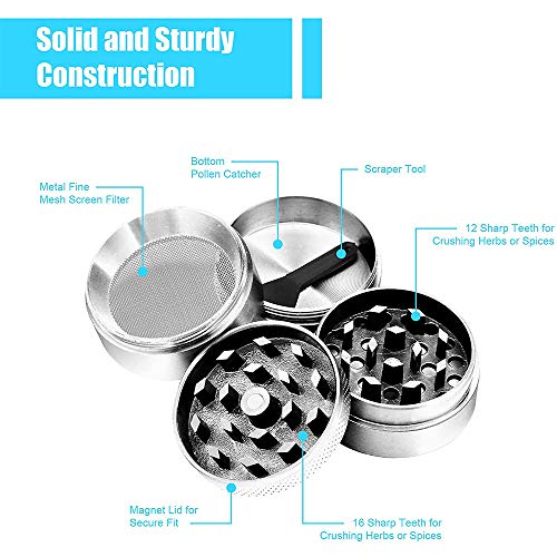 KF Grinder en trituradora de cocina de 4 piezas de metal para triturar y triturar hierbas, especias, tabaco, plantas, hojas de té, etc. - con filtro de polen y raspador Plata
