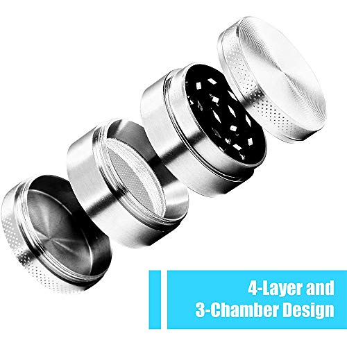KF Grinder en trituradora de cocina de 4 piezas de metal para triturar y triturar hierbas, especias, tabaco, plantas, hojas de té, etc. - con filtro de polen y raspador Plata