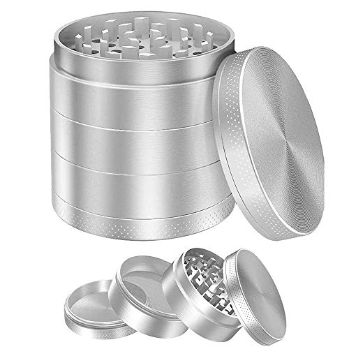 KF Grinder en trituradora de cocina de 4 piezas de metal para triturar y triturar hierbas, especias, tabaco, plantas, hojas de té, etc. - con filtro de polen y raspador Plata