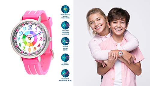 KIDDUS Reloj Educativo para niña, Chica, Chico. De Pulsera, analógico. Time Teacher fácil de Leer para Aprender la Hora. Ejercicios incluídos. Mecanismo de Cuarzo japonés. KI10302 Rosa