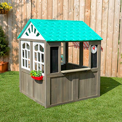KidKraft- Casa de juguete de exteriores con un toldo a rayas como el de las cafeterías (casa de juguete de madera para exteriores) Playhouse, Color Marrón (419)