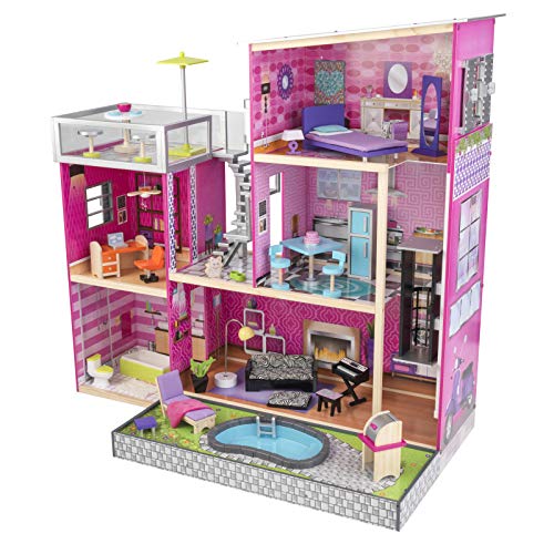 KidKraft- Uptown Casa de muñecos de madera con muebles y accesorios incluidos, 3 pisos, para muñecos de 30 cm, Color Rosa (65833)