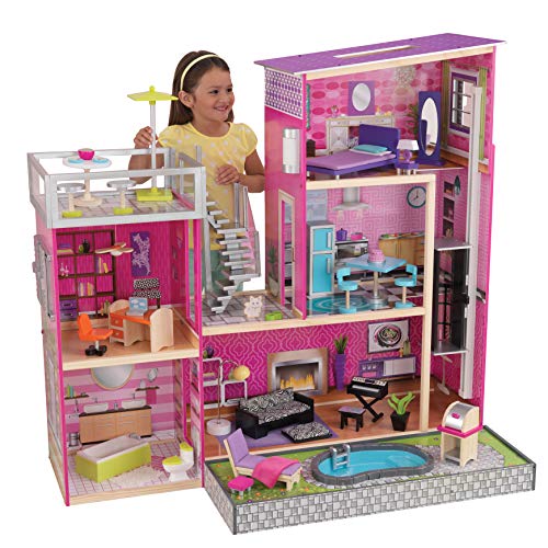KidKraft- Uptown Casa de muñecos de madera con muebles y accesorios incluidos, 3 pisos, para muñecos de 30 cm, Color Rosa (65833)
