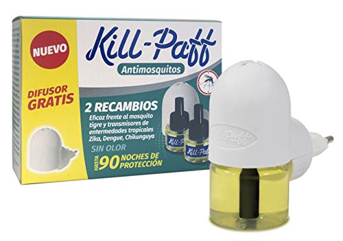 Kill Paff - Insecticida Eléctrico Antimosquitos, Eficaz Contra Mosquito Tigre y Transmisores de Enfermedades Tropicales, Difusor, 90 Noches de Protección (Contenido: 1 difusor + 2 recambios)