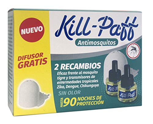 Kill Paff - Insecticida Eléctrico Antimosquitos, Eficaz Contra Mosquito Tigre y Transmisores de Enfermedades Tropicales, Difusor, 90 Noches de Protección (Contenido: 1 difusor + 2 recambios)
