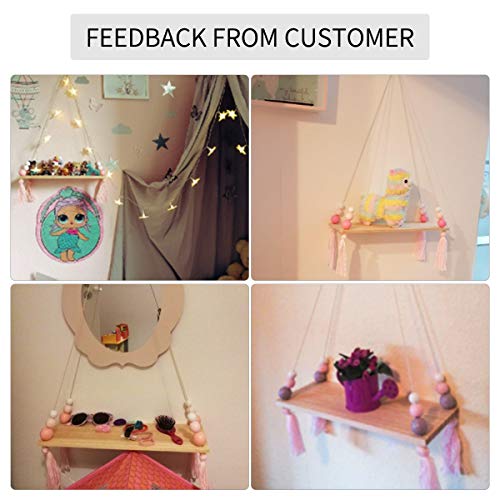 king do way Baldas Flotantes, Estante de Pared Decorativa de Techo con Fijación de Cuerda De Madera - Habitación de Niños o Bebés - Estilo Nórdico - 38 x 14 x 1.2 cm (Blanco, Rosa)