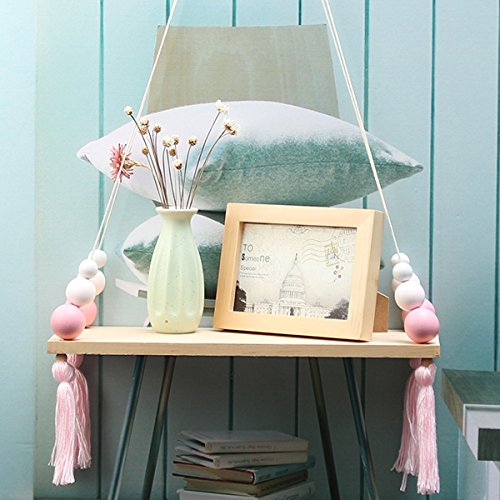 king do way Baldas Flotantes, Estante de Pared Decorativa de Techo con Fijación de Cuerda De Madera - Habitación de Niños o Bebés - Estilo Nórdico - 38 x 14 x 1.2 cm (Blanco, Rosa)