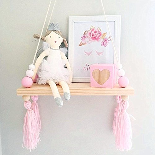 king do way Baldas Flotantes, Estante de Pared Decorativa de Techo con Fijación de Cuerda De Madera - Habitación de Niños o Bebés - Estilo Nórdico - 38 x 14 x 1.2 cm (Blanco, Rosa)