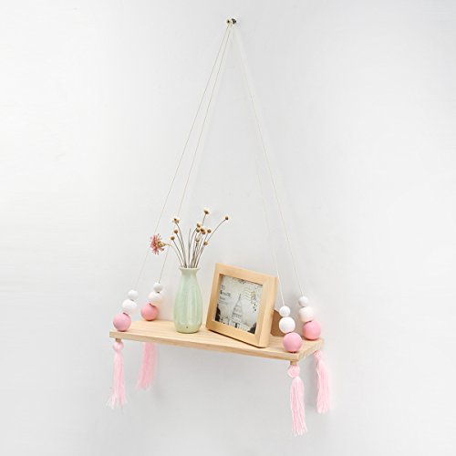 king do way Baldas Flotantes, Estante de Pared Decorativa de Techo con Fijación de Cuerda De Madera - Habitación de Niños o Bebés - Estilo Nórdico - 38 x 14 x 1.2 cm (Blanco, Rosa)