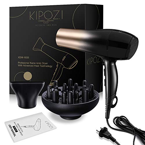 KIPOZI Secador Pelo Profesional 2200W Secador Ionico con Difusor y Concentrador, 2 Velocidades y 3 Modos de Temperatura