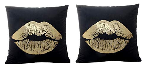 KIRALOVE Dos Fundas de Almohada cojín de sofá 40x40 cm - Beso - cojín Cuadrado Decorativo - Estampado Dorado - Lino - Dormitorio - Labios caseros - Boca - Idea de Regalo Original - Color Negro
