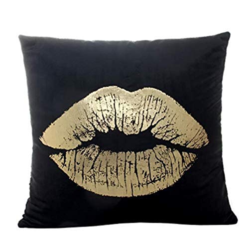 KIRALOVE Dos Fundas de Almohada cojín de sofá 40x40 cm - Beso - cojín Cuadrado Decorativo - Estampado Dorado - Lino - Dormitorio - Labios caseros - Boca - Idea de Regalo Original - Color Negro