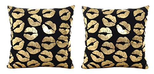 KIRALOVE Dos Fundas de Almohada cojín de sofá 40x40 cm - Besos - cojín Cuadrado Decorativo - Boca - Lino - Dormitorio - Beso casero - Idea de Regalo Original - Labios - Color Negro - Estampado Dorado