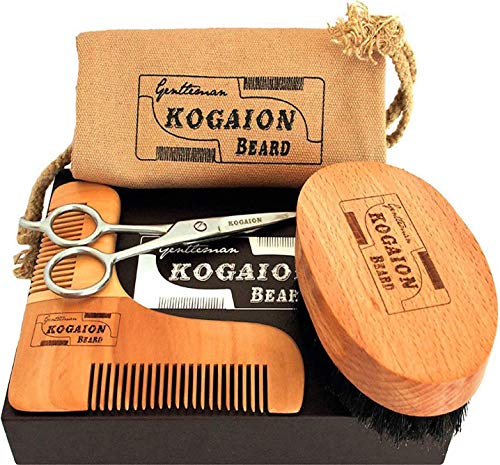 Kit Cuidado Barba - Regalos para Hombres con barba - Cepillo Barba + Peine Barba + Tijeras Barba + Bolsa de viaje + Caja de regalo - Regalos originales para hombre - Presente perfecto por KOGAION UK