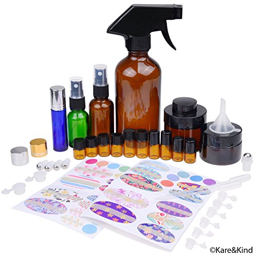 Kit de Botellas de Aceite Esencial Recargables - 16 Botellas/Tarros de aceite esencial de varios tamaños, 3 Atomizadores, 16 Tapas, 78 Etiquetas (4 tamaños), 2 Goteros + Embudo