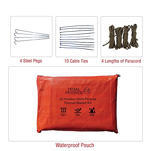 Kit de cobertura de supervivencia térmica multiusos reutilizable en todas las estaciones, naranja – protector de aluminio reflectante, estacas de acero, cuerda y caja impermeable, naranja