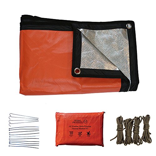 Kit de cobertura de supervivencia térmica multiusos reutilizable en todas las estaciones, naranja – protector de aluminio reflectante, estacas de acero, cuerda y caja impermeable, naranja
