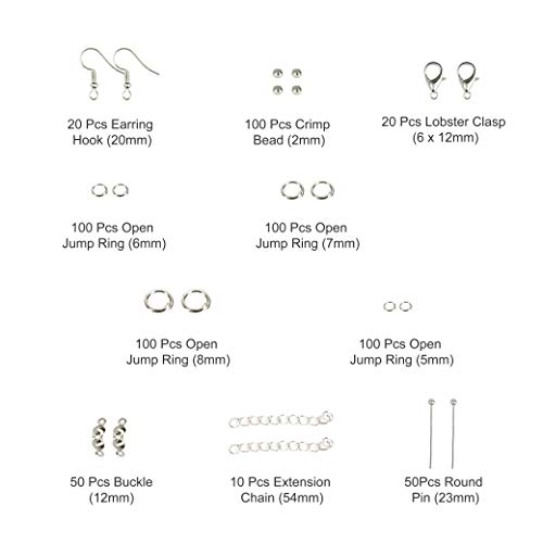 Kit de Hacer Bisutería 650 Piezas Kit de Accesorios de Joyería Herramientas de Reparación de Joyas Adecuado para Hacer y Reparar Collares y Pulseras y Pendientes Accesorios, Plata