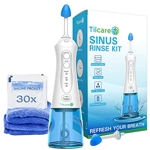 Kit de Lavado Nasal de Tilcare - Máquina perfecta e Irrigador Nasal para aliviar los senos nasales y las alergias - Electric Neti Pot que limpiará su nariz- Viene con una toalla y 30 paquetes de sal