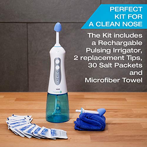Kit de Lavado Nasal de Tilcare - Máquina perfecta e Irrigador Nasal para aliviar los senos nasales y las alergias - Electric Neti Pot que limpiará su nariz- Viene con una toalla y 30 paquetes de sal