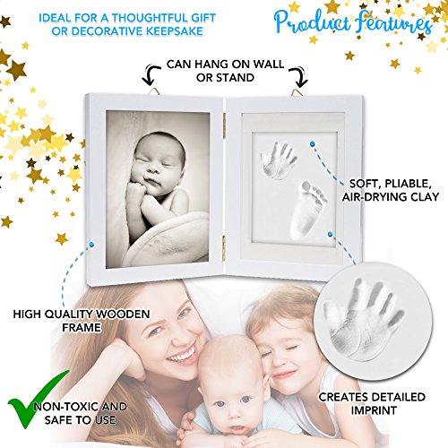 Kit de marco para impresión de pies y manos de bebé – Arcilla de impresión suave y segura para moldear con un marco de madera y una cubierta de cristal acrílico - regalo de recién nacido