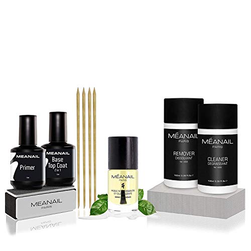 Kit de Recambio Esencial Manicura Meanail Paris: Primer, Base, Top Coat - Ideal para lampara secadora de uñas semipermanentes - Incluye aceite para cutículas Bio, remover y cleaner.