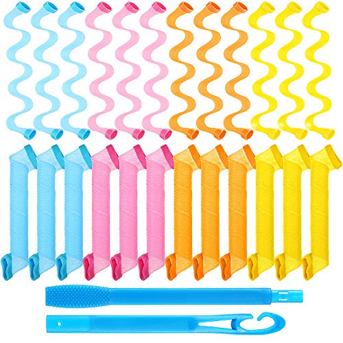 Kit de Rizadores de Cabello en Espiral de 24 Piezas, Rizadores de Pelo sin Calor Rulos en Espiral Rulos de Estilo de Onda con Ganchos de Peinado para Herramientas de Peinado Largo(11,8 Pulgadas)
