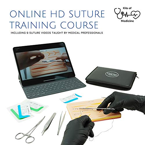 Kit de sutura | Videos de sutura GRATIS incluidos | Kit de sutura perfecto para practicar con 14 lesiones reales | Gran regalo | Almohadilla de sutura de silicona duradera | Tamaño Grande 17x12cm